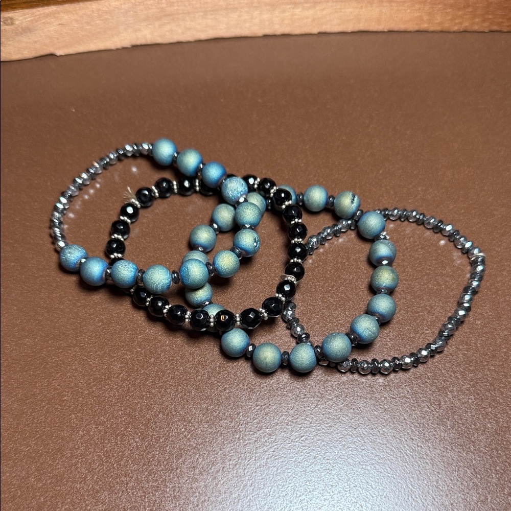 Elegant Blue and Black Beaded Bracelet Set